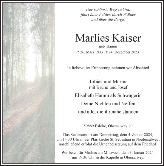 Traueranzeige von Marlies Kaiser von Tageszeitung
