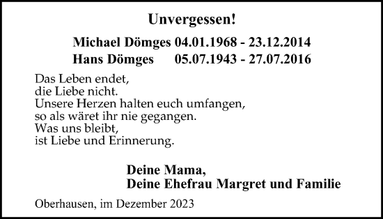 Traueranzeige von Michael Dömges von Tageszeitung