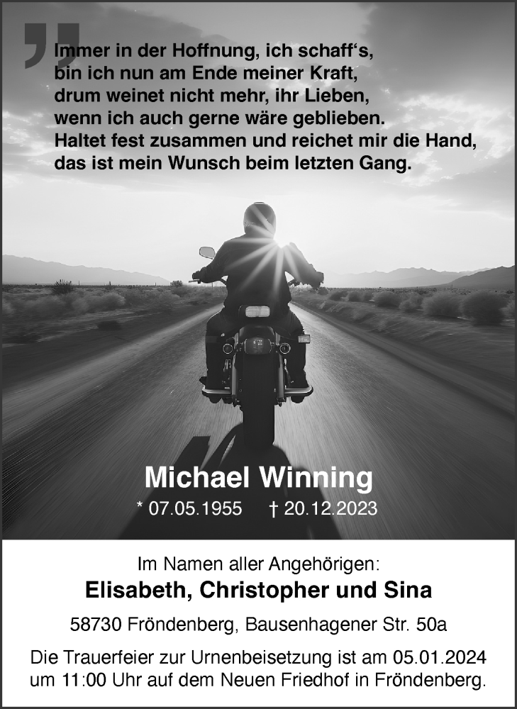  Traueranzeige für Michael Winning vom 30.12.2023 aus Tageszeitung