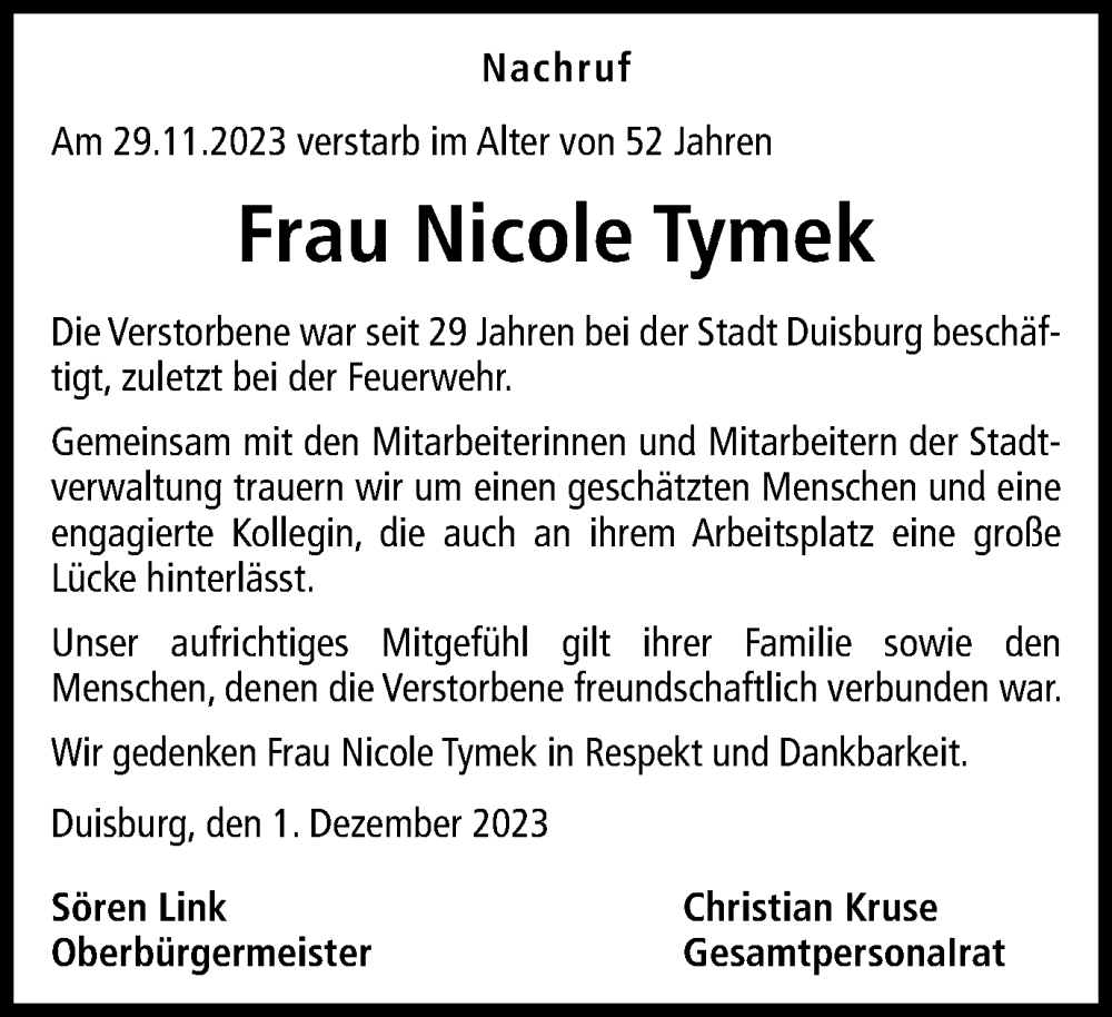  Traueranzeige für Nicole Tymek vom 02.12.2023 aus Tageszeitung