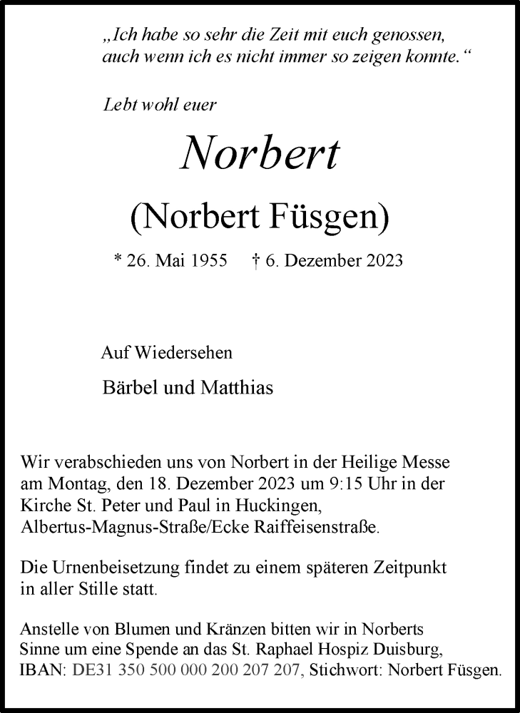  Traueranzeige für Norbert Füsgen vom 09.12.2023 aus Tageszeitung