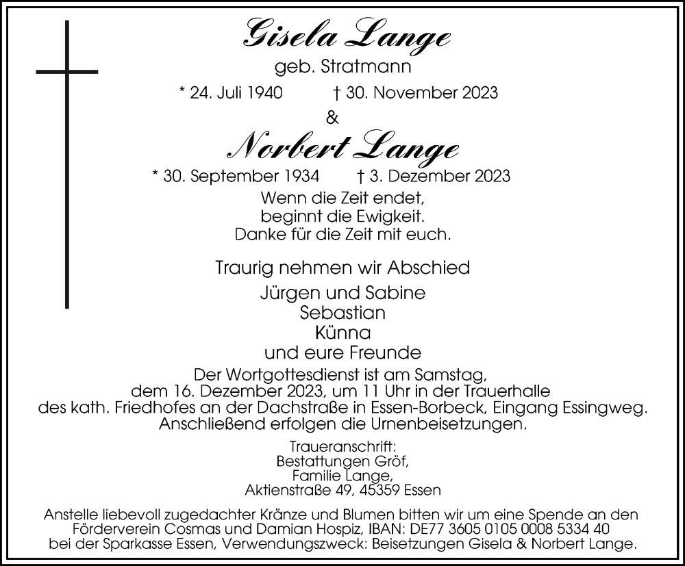  Traueranzeige für Norbert Lange vom 09.12.2023 aus Tageszeitung