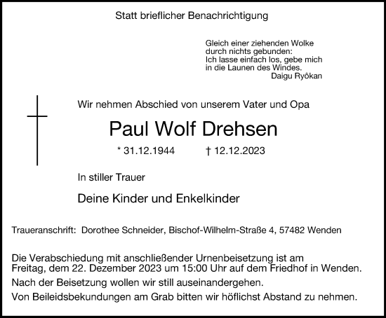 Traueranzeige von Paul Wolf Drehsen von Tageszeitung