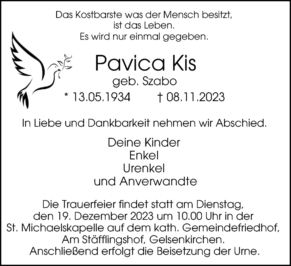  Traueranzeige für Pavica Kis vom 16.12.2023 aus Tageszeitung