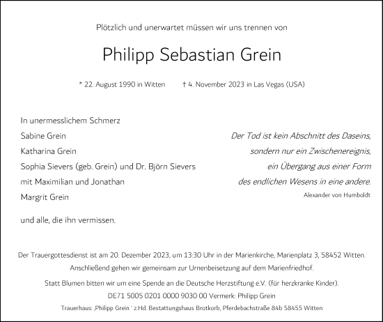 Traueranzeige von Philipp Sebastian Grein von Tageszeitung