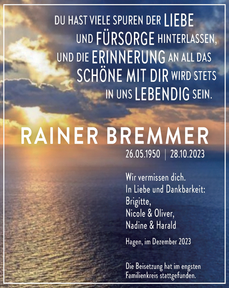  Traueranzeige für Rainer Bremmer vom 09.12.2023 aus Tageszeitung