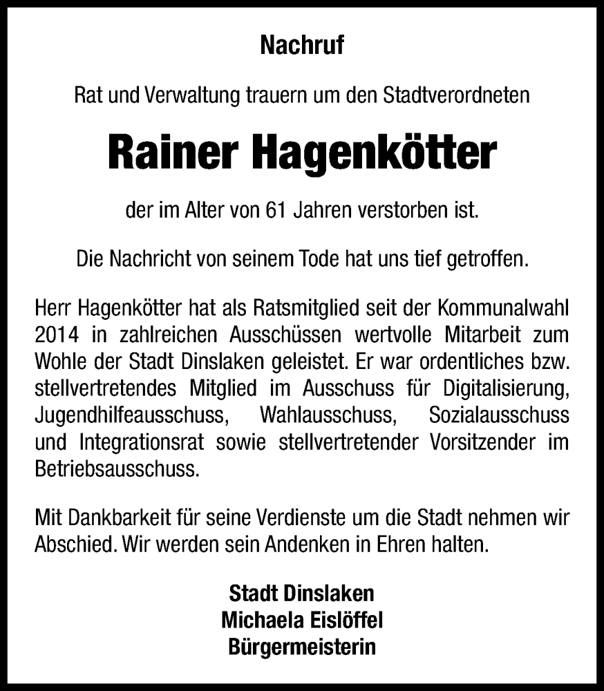  Traueranzeige für Rainer Hagenkötter vom 11.12.2023 aus Tageszeitung