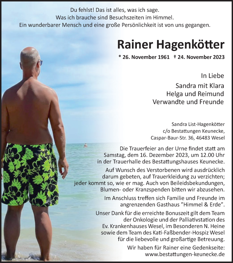  Traueranzeige für Rainer Hagenkötter vom 09.12.2023 aus Tageszeitung