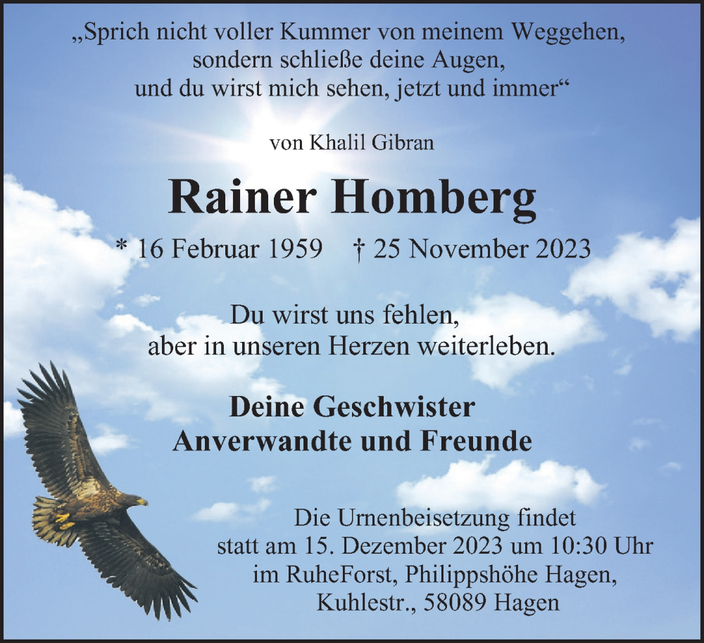  Traueranzeige für Rainer Homberg vom 09.12.2023 aus Tageszeitung