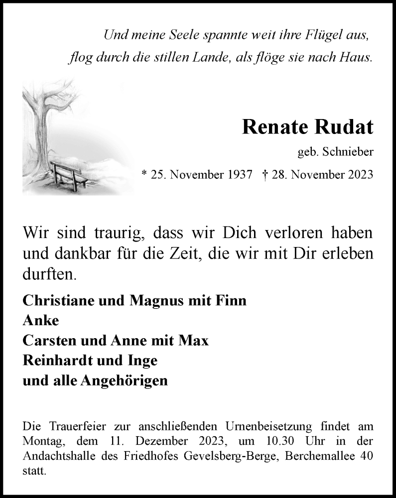  Traueranzeige für Renate Rudat vom 02.12.2023 aus Tageszeitung