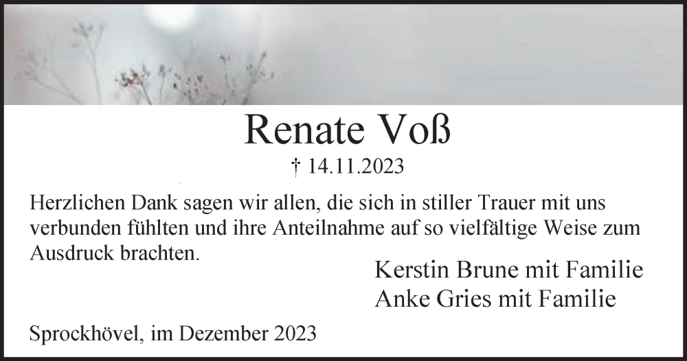  Traueranzeige für Renate Voß vom 16.12.2023 aus Tageszeitung