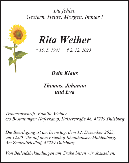 Traueranzeige von Rita Weiher von Tageszeitung