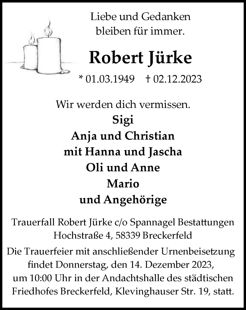  Traueranzeige für Robert Jürke vom 09.12.2023 aus Tageszeitung