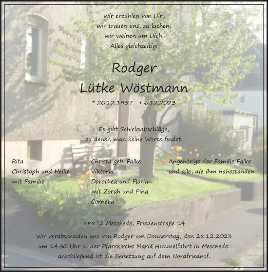 Traueranzeige von Rodger Lütke Wöstmann von Tageszeitung