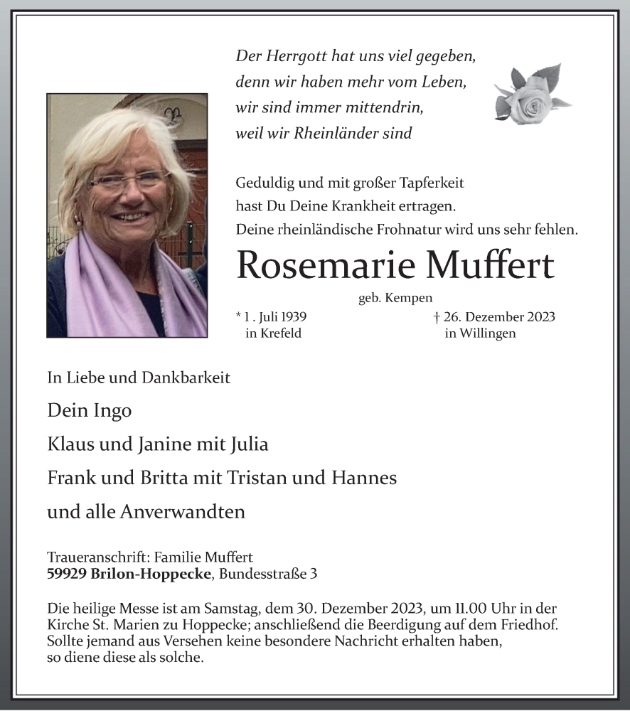  Traueranzeige für Rosemarie Muffert vom 30.12.2023 aus Tageszeitung