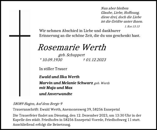 Traueranzeige von Rosemarie Werth von Tageszeitung