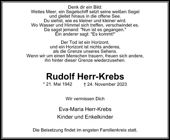 Traueranzeige von Rudolf Herr-Krebs von Tageszeitung