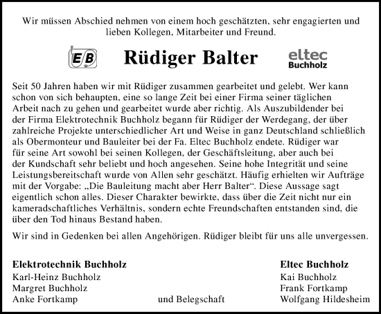Traueranzeige von Rüdiger Balter von Tageszeitung