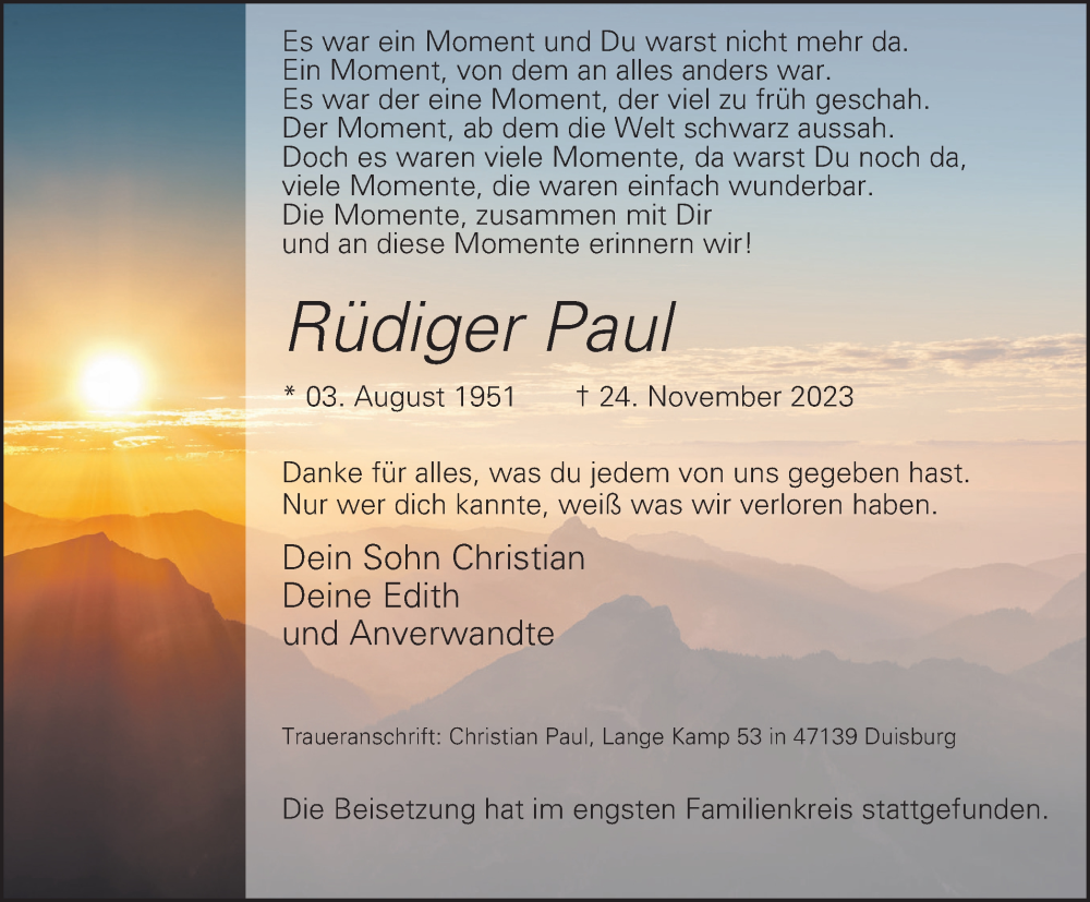  Traueranzeige für Rüdiger Paul vom 02.12.2023 aus Tageszeitung