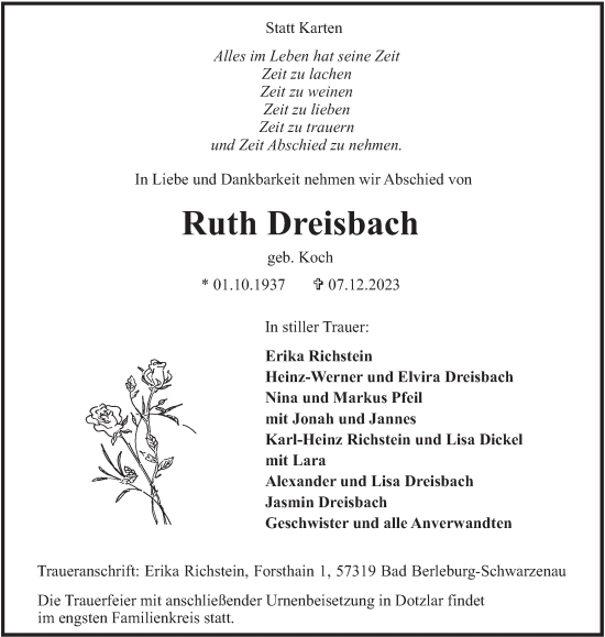 Traueranzeige von Ruth Dreisbach von Tageszeitung
