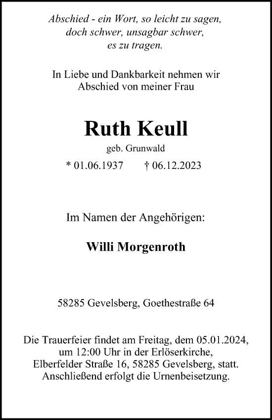 Traueranzeige von Ruth Keull von Tageszeitung