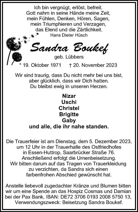 Traueranzeige von Sandra Boukef von Tageszeitung