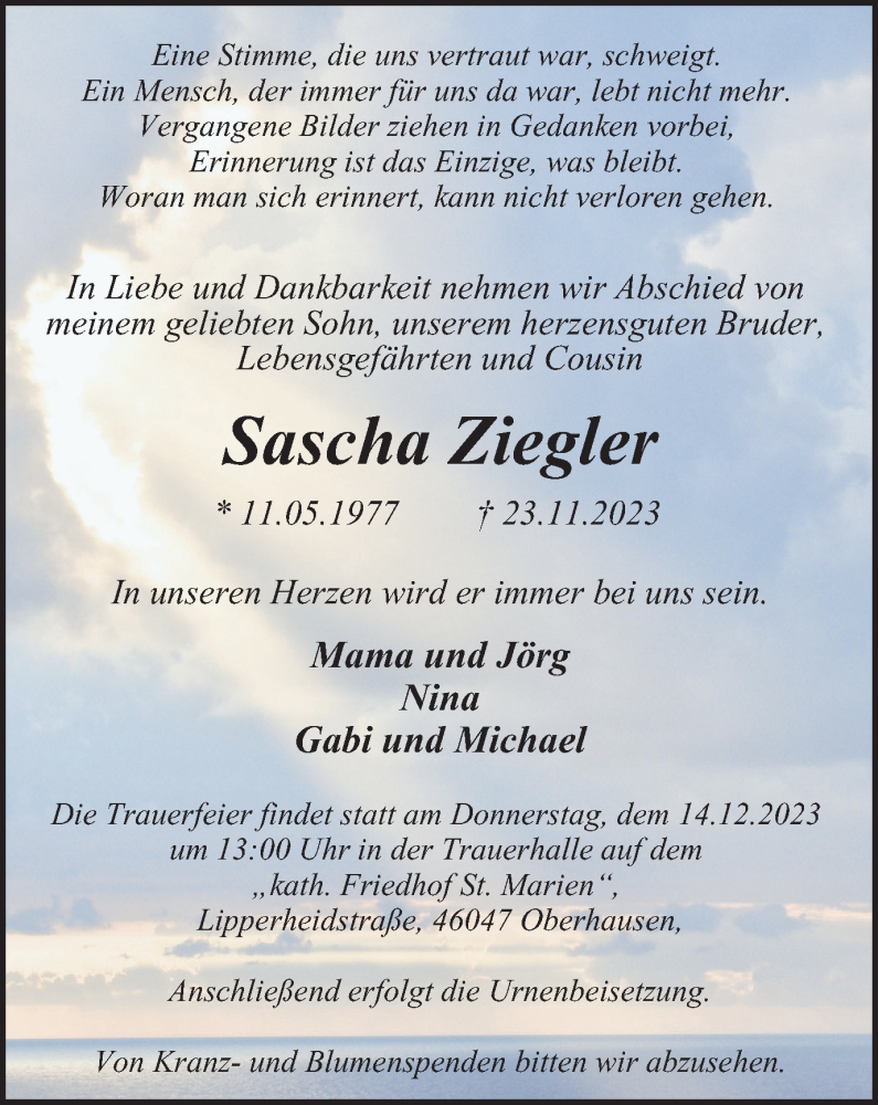  Traueranzeige für Sascha Ziegler vom 09.12.2023 aus Tageszeitung