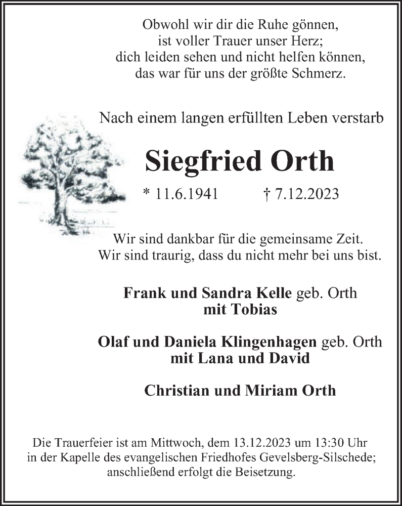  Traueranzeige für Siegfried Orth vom 13.12.2023 aus Tageszeitung