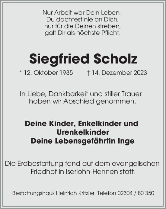Traueranzeige von Siegfried Scholz von Tageszeitung