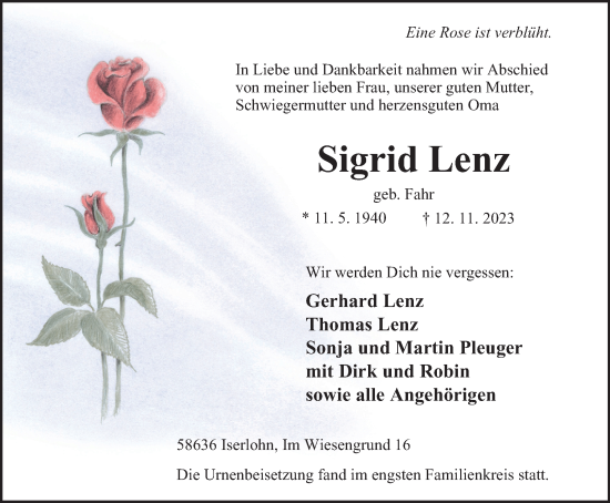 Traueranzeige von Sigrid Lenz von Tageszeitung