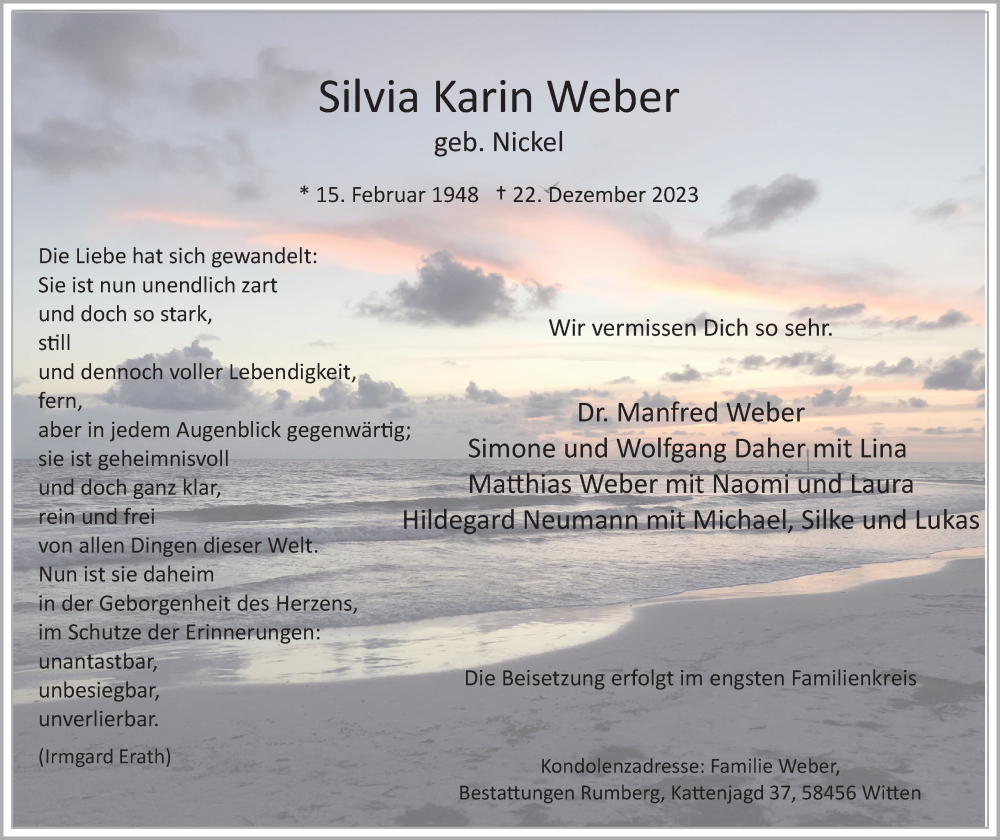 Traueranzeige für Silvia Karin Weber vom 30.12.2023 aus Tageszeitung