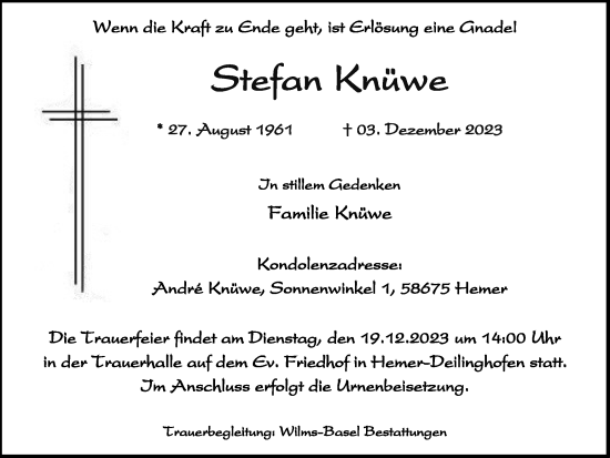 Traueranzeige von Stefan Knüwe von Tageszeitung