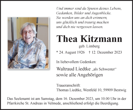 Traueranzeige von Thea Kitzmann von Tageszeitung