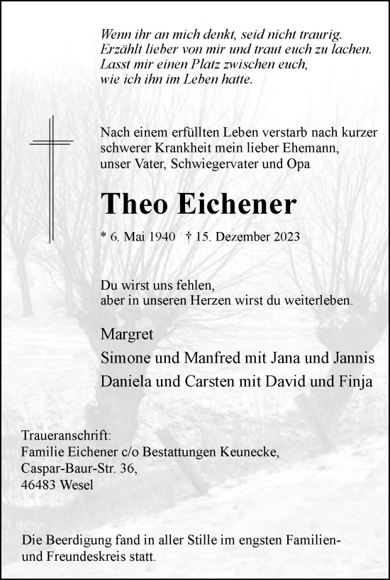 Traueranzeige von Theo Eichener von Tageszeitung