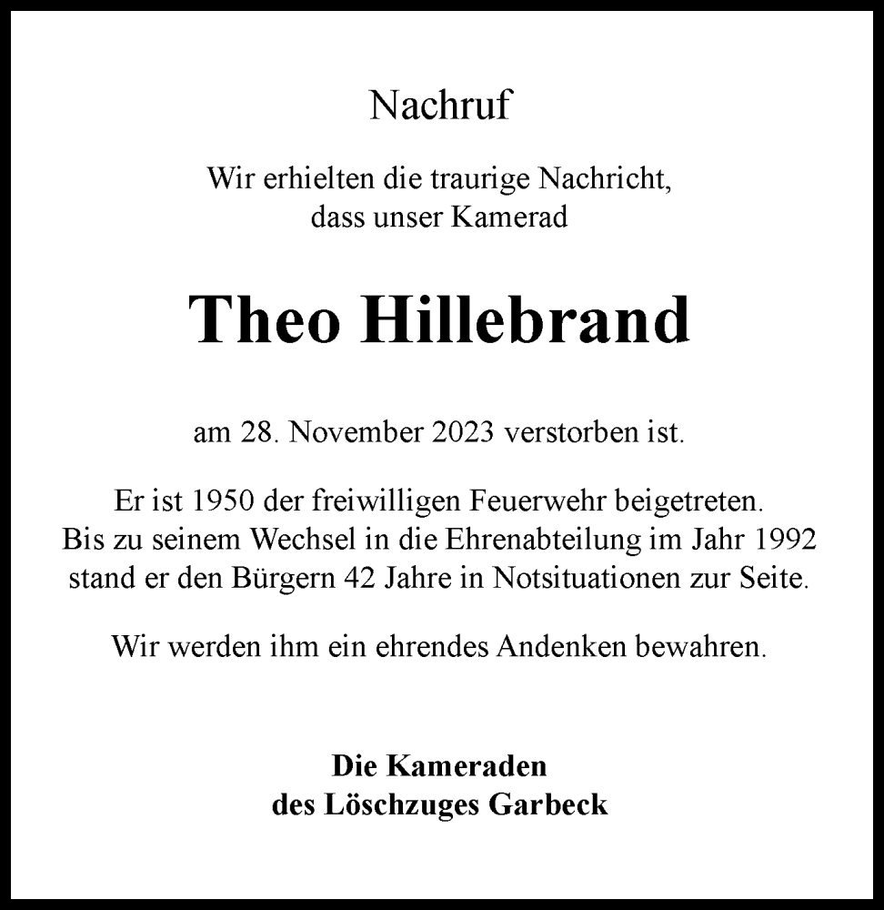  Traueranzeige für Theo Hillebrand vom 09.12.2023 aus Tageszeitung