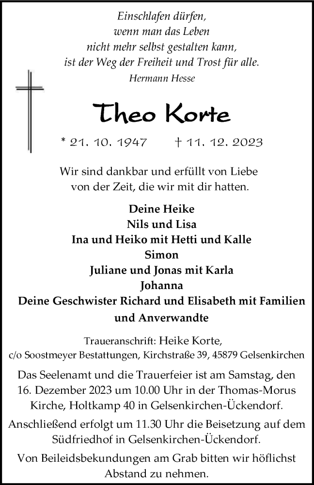  Traueranzeige für Theo Korte vom 14.12.2023 aus Tageszeitung