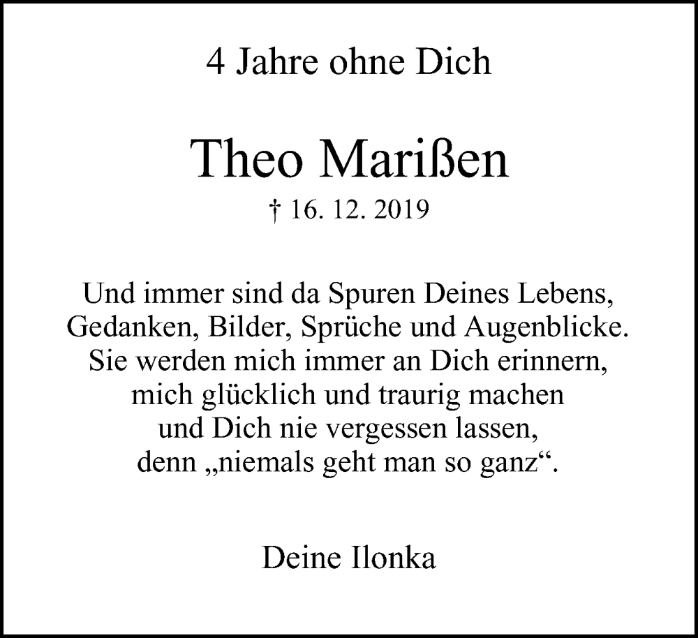  Traueranzeige für Theo Marißen vom 16.12.2023 aus Tageszeitung
