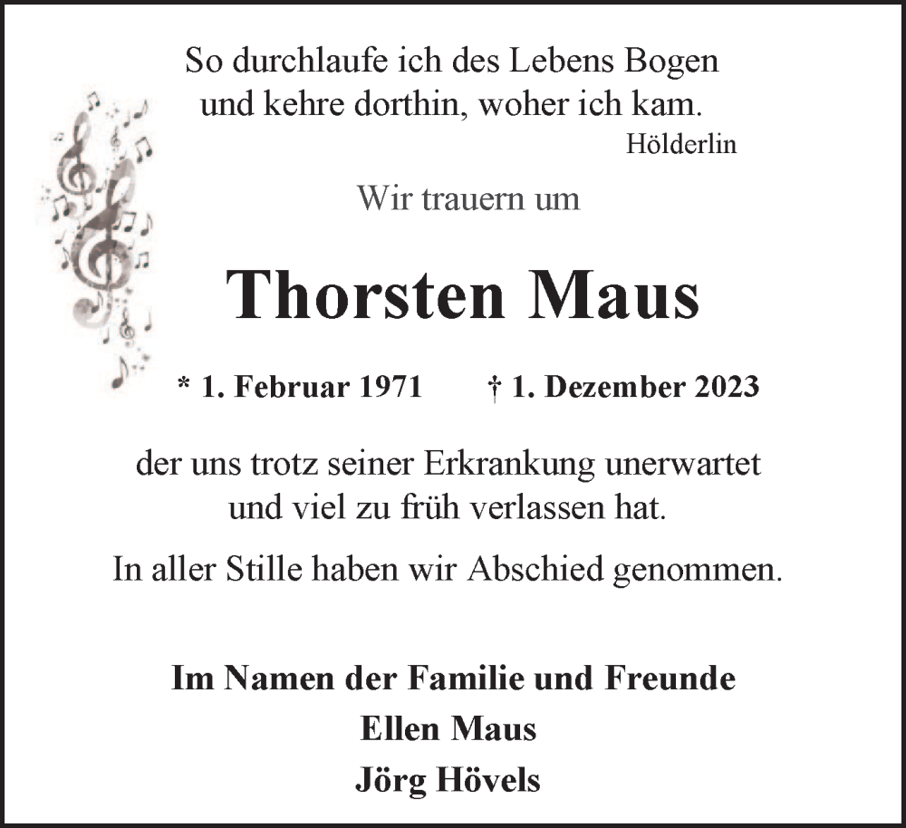  Traueranzeige für Thorsten Maus vom 23.12.2023 aus Tageszeitung