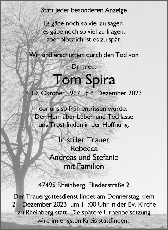 Traueranzeige von Tom Spira von Tageszeitung
