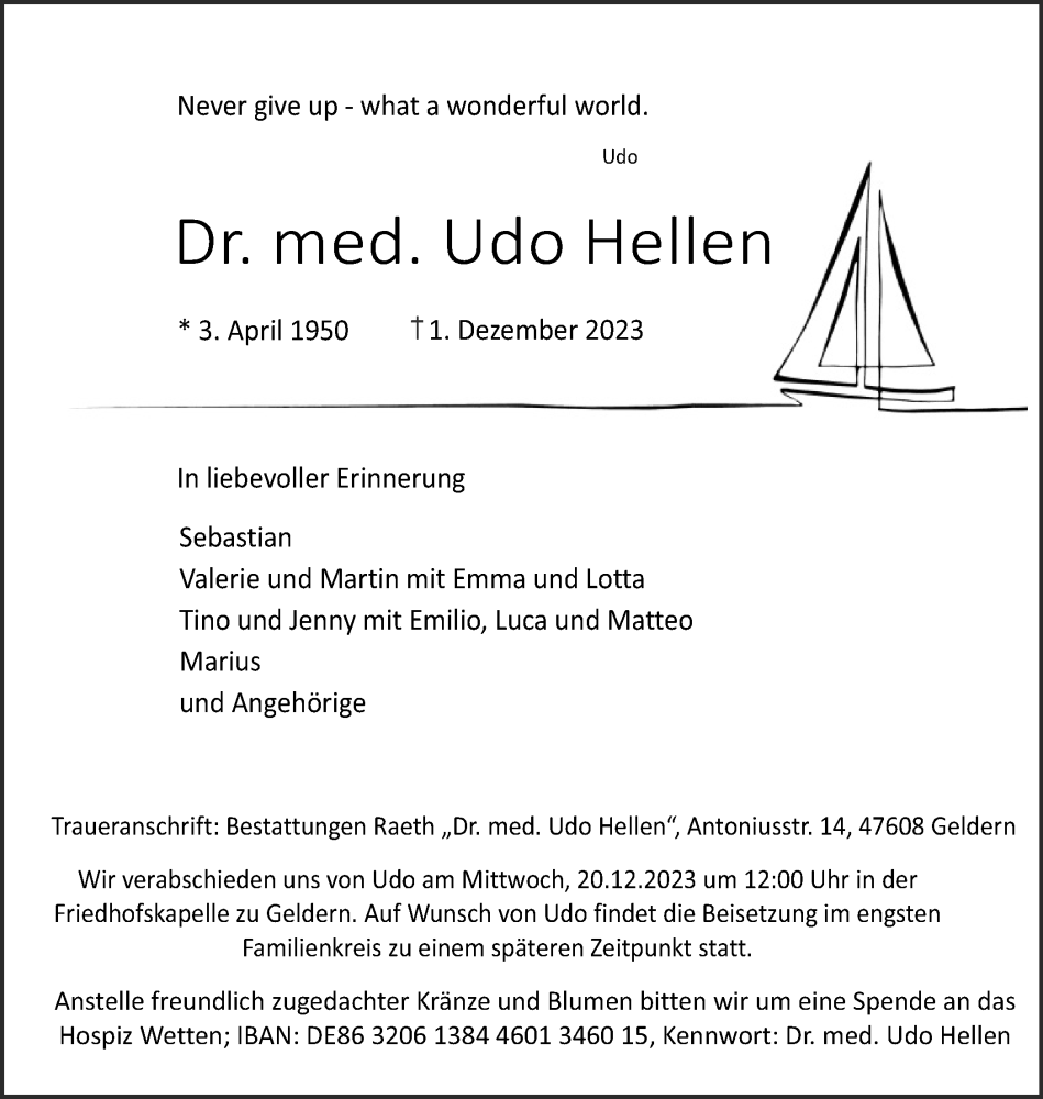  Traueranzeige für Udo Hellen vom 16.12.2023 aus Tageszeitung