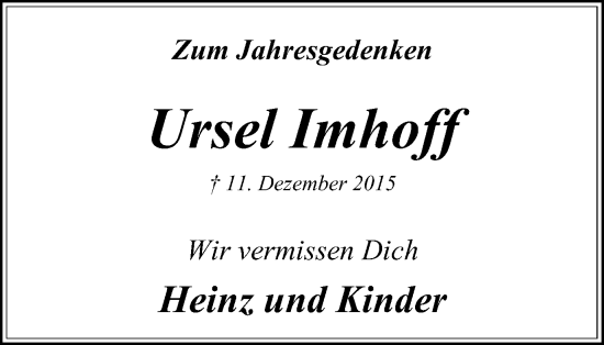 Traueranzeige von Ursel Imhoff von Tageszeitung