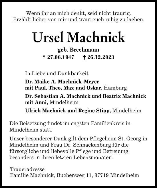 Traueranzeige von Ursel Machnick von Tageszeitung