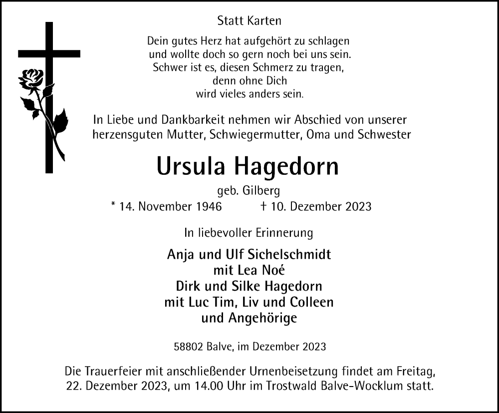  Traueranzeige für Ursula Hagedorn vom 16.12.2023 aus Tageszeitung