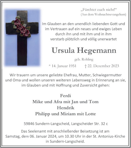 Traueranzeige von Ursula Hegemann von Tageszeitung