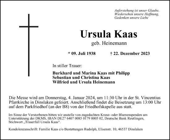 Traueranzeige von Ursula Kaas von Tageszeitung