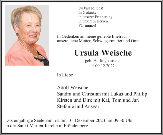 Traueranzeige von Ursula Weische von Tageszeitung