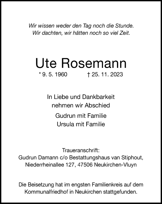 Traueranzeige von Ute Rosemann von Tageszeitung