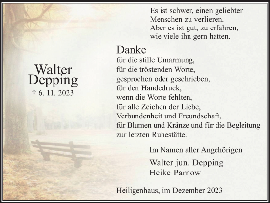 Traueranzeige von Walter Depping von Tageszeitung