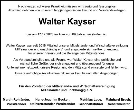 Traueranzeige von Walter Kayser von Tageszeitung