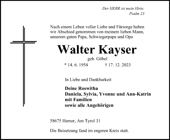 Traueranzeige von Walter Kayser von Tageszeitung